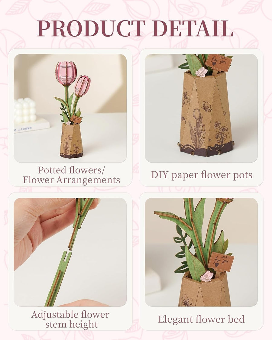 3D Pink Tulip Wooden Puzzle – Adjustable DIY Floral Decor Gift