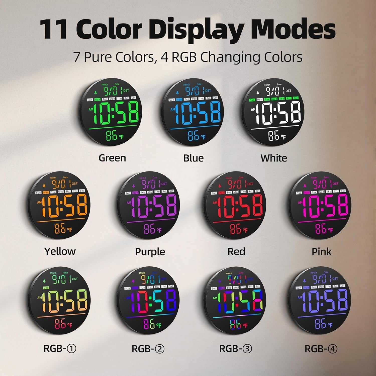 Round LED Digital Wall Clock RGB Display Temp Date Timer Alarm Remote Control