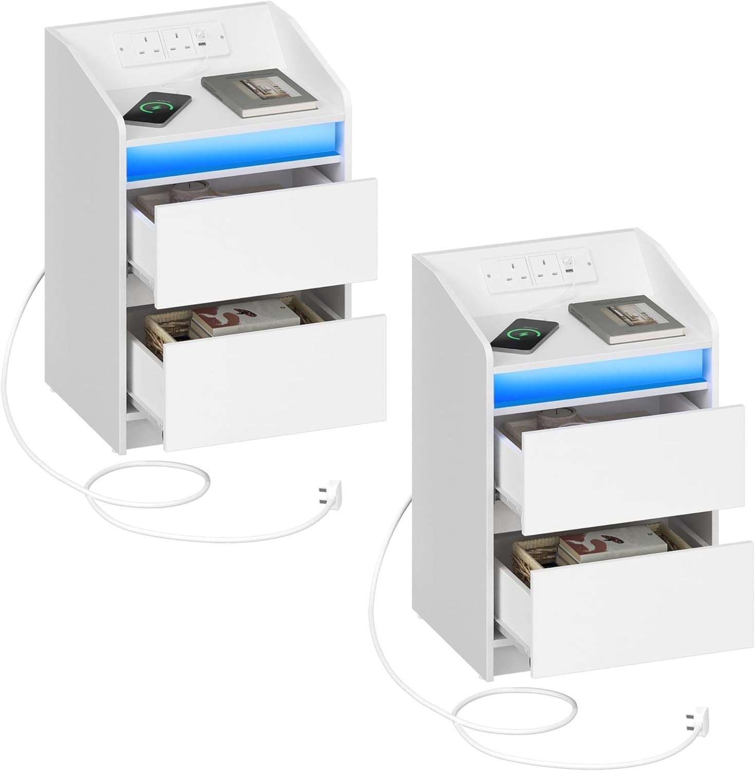 Set of 2 LED Bedside Tables with USB Charging Station Modern White Drawers