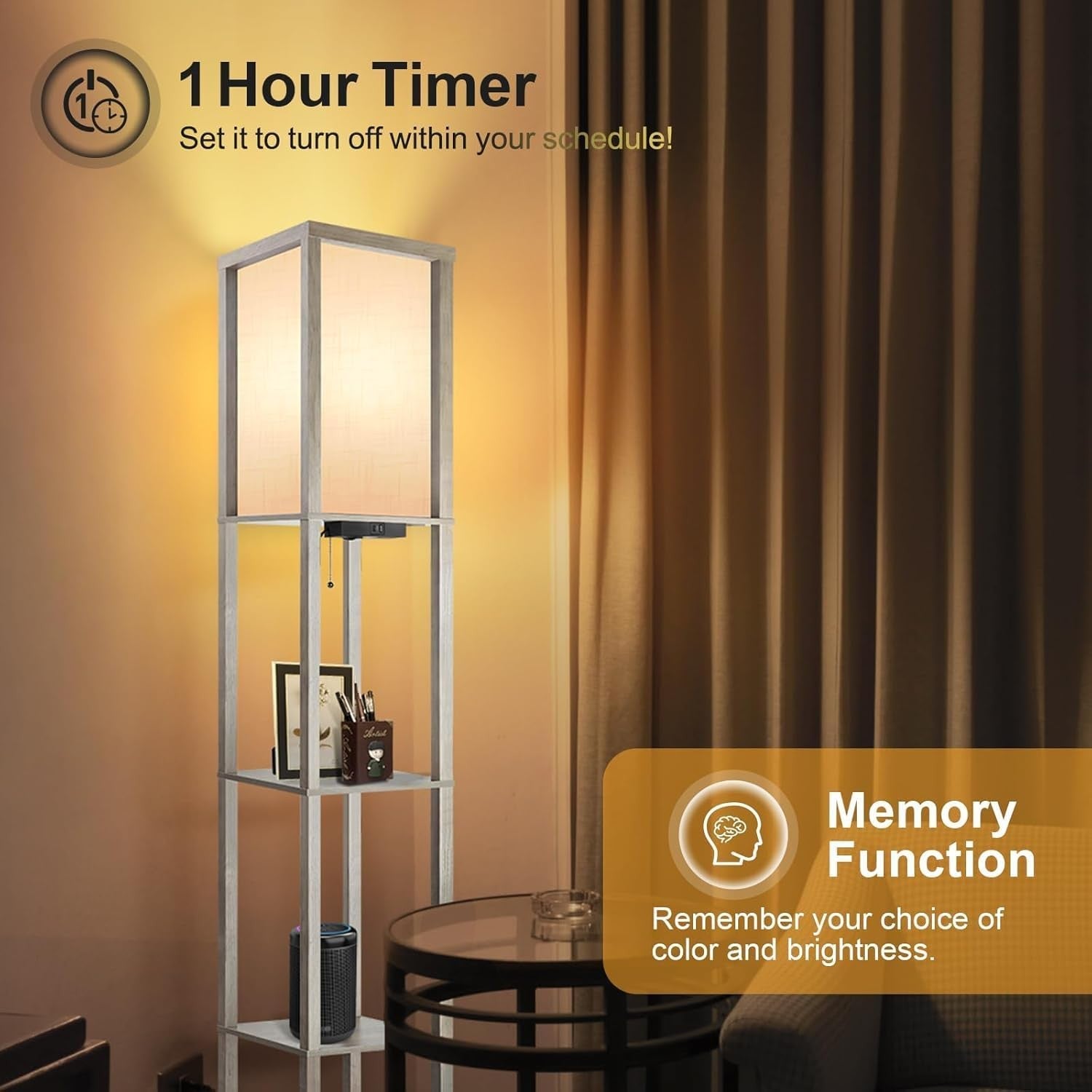 LED Shelf Floor Lamp Remote Dimmable USB Charging Standing Light Grey