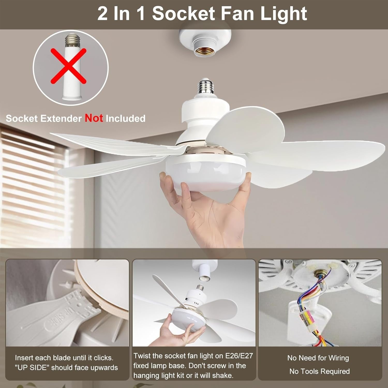 52cm Ceiling Fan, LED Light, E27 Base, Remote, 3 Speeds, Dimmable