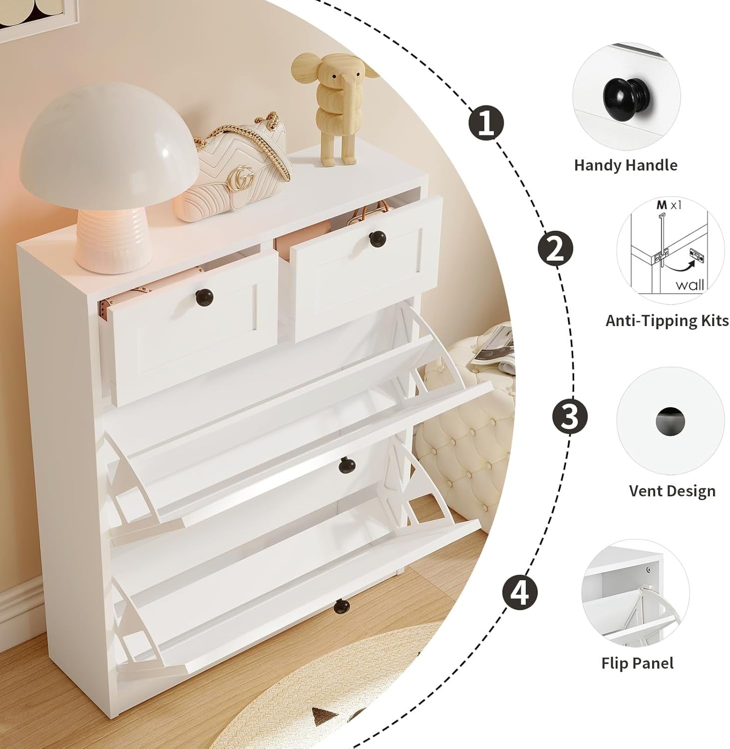 Slim 2 Flip Drawer Shoe Cabinet with Adjustable Shelves & Storage Drawers