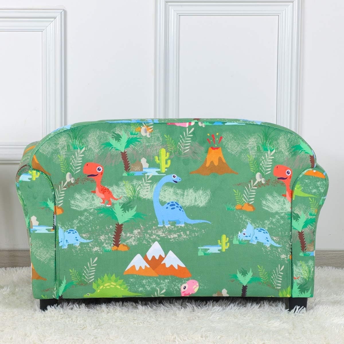 Kids 2 Seater Sofa Chair Dinosaur Pattern Upholstered Velvet Couch Green