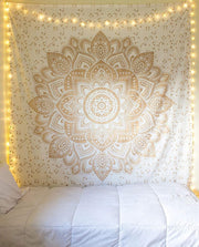 Metallic Gold Mandala Tapestry 52x60in Boho Wall Hanging Cotton