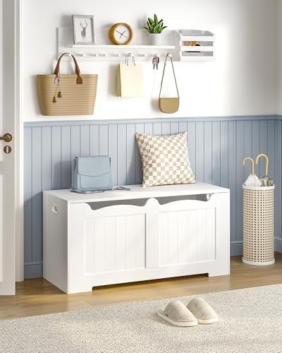 White Lift-Top Storage Bench with Shoe Organizer & Wooden Trunk
