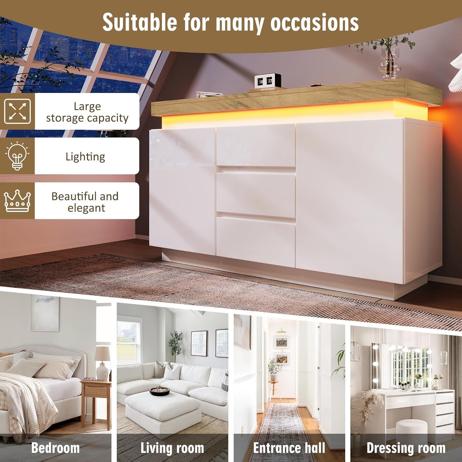 Modern High-Gloss White Sideboard Cabinet with LED Lighting, 2 Doors & 3 Drawers