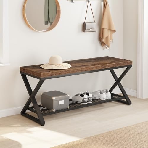 Rustic Brown Industrial Entryway Shoe Storage Bench Metal Frame Seat 99x36x46cm