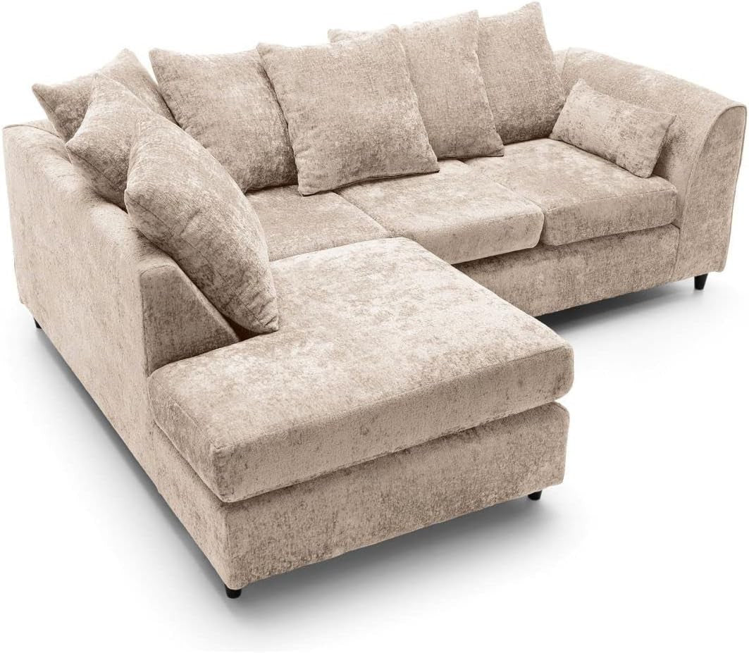 L Shaped Corner Sofa Cream Chenille – 5 Seater Couch w/ Cushions & Support