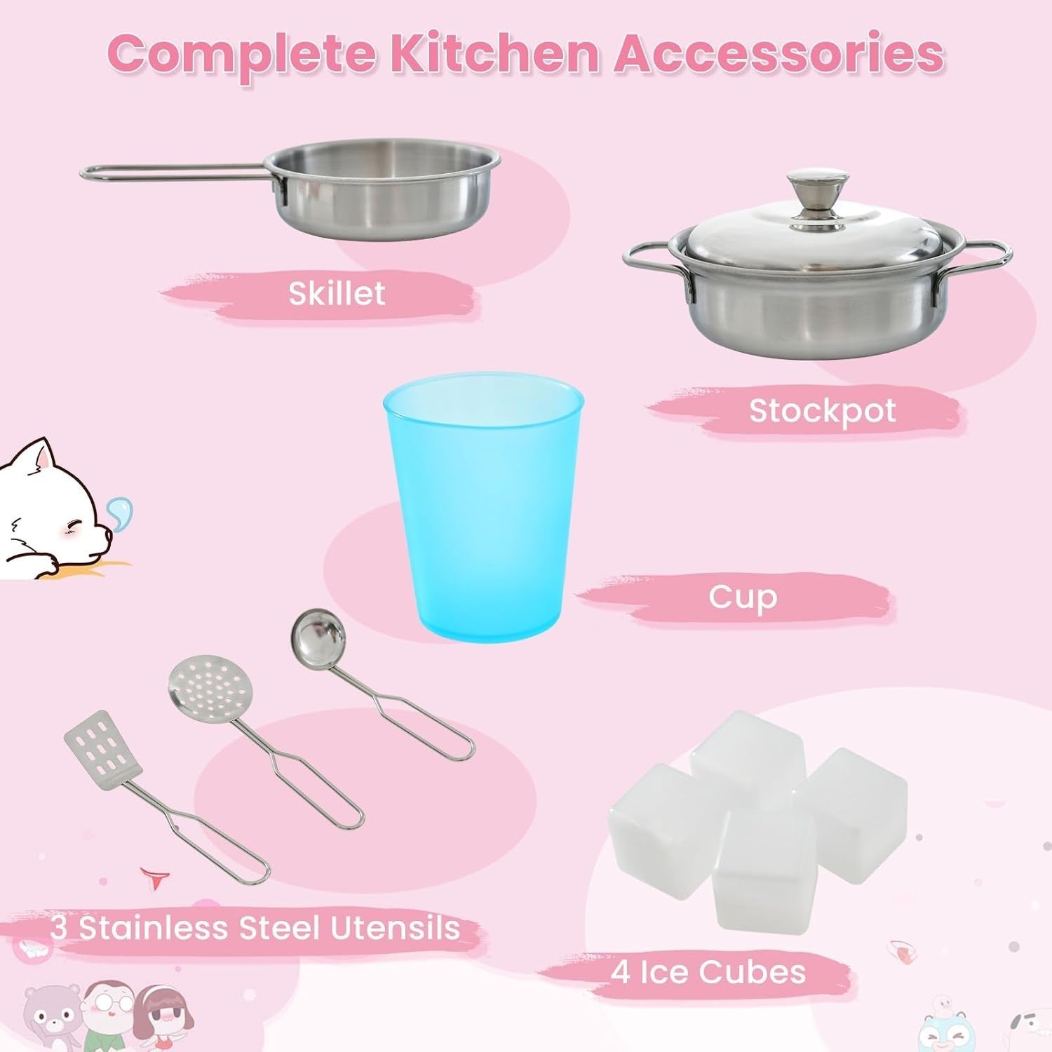 Wooden Kids Play Kitchen Pink Ice Maker Cooker Toy Set w Accessories