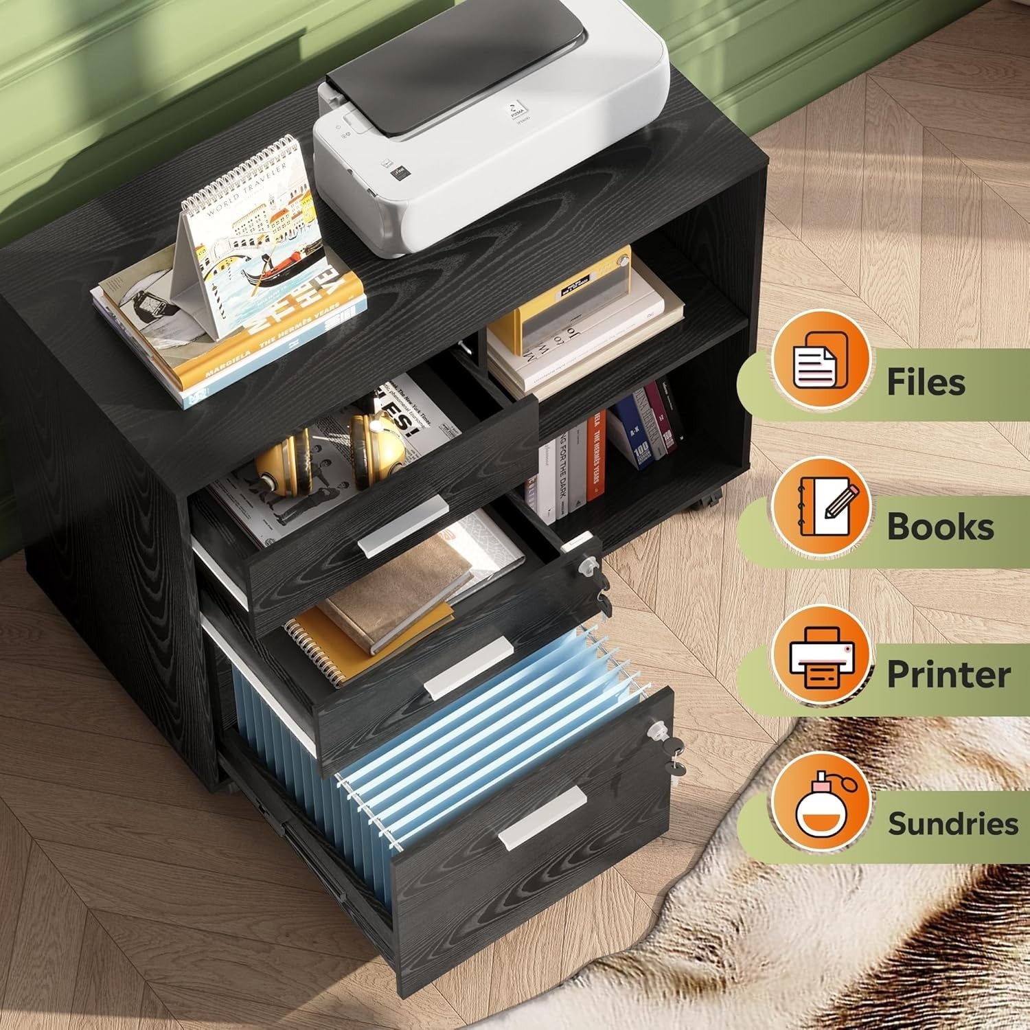 Black Mobile File Cabinet 80x40x63cm Lockable Drawers Printer Shelf