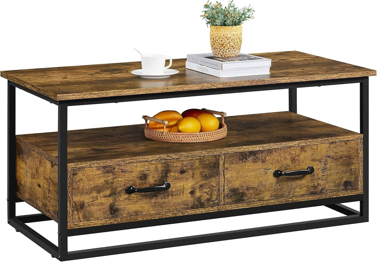 Industrial Coffee Table with Storage Drawers, Rustic Wood, Metal Frame 100cm