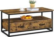 Industrial Coffee Table with Storage Drawers, Rustic Wood, Metal Frame 100cm