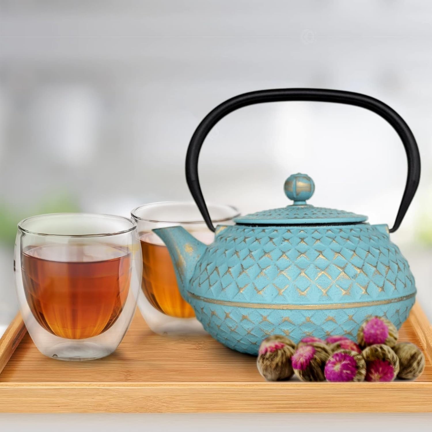 Cast Iron Teapot 900ml Chinese Tetsubin Tea Pot w Infuser Blue Diamond