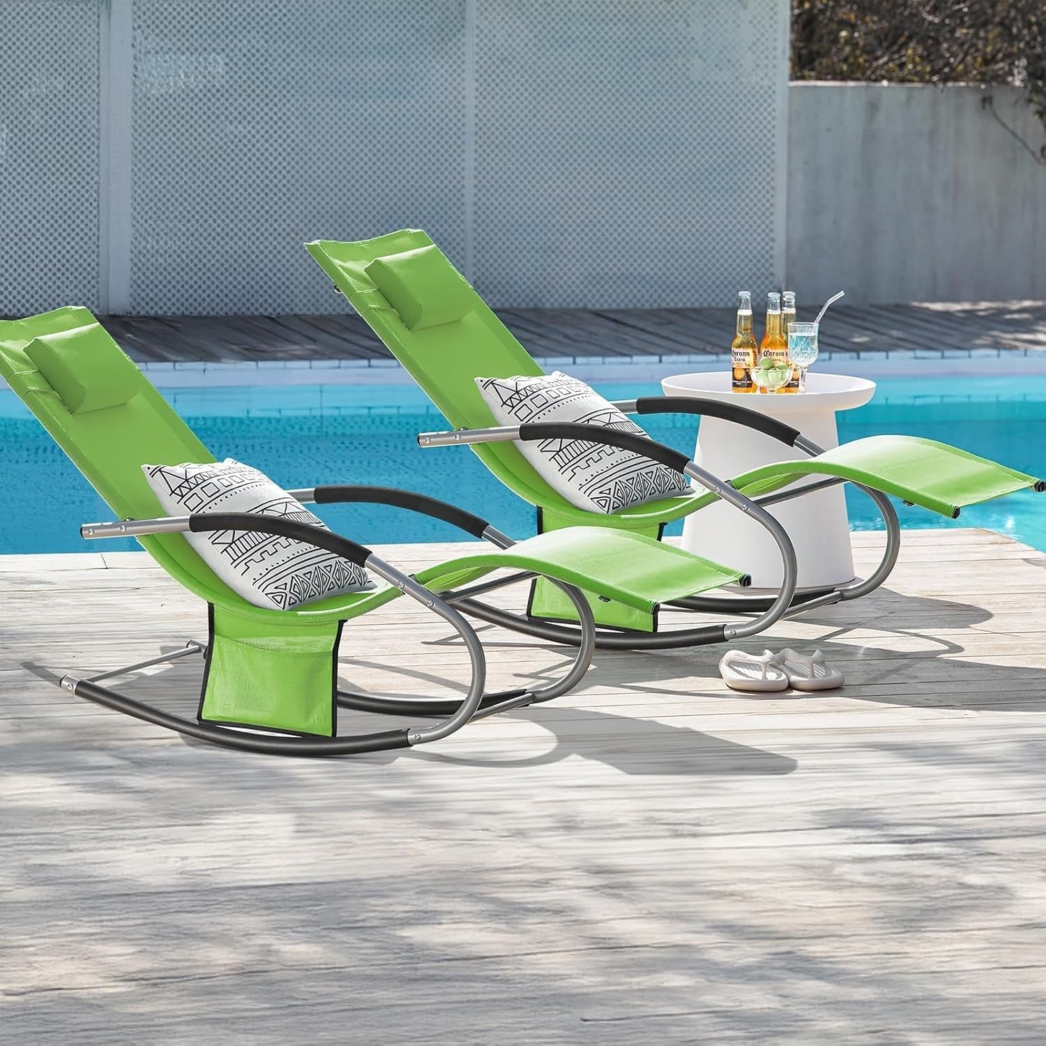 Ergonomic Outdoor Rocking Sun Lounger Chair with Cushion & Side Pocket Green