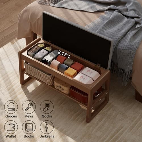 2-Tier Wooden Shoe Bench with Flip-Top & Cushioned Seat for Entryway