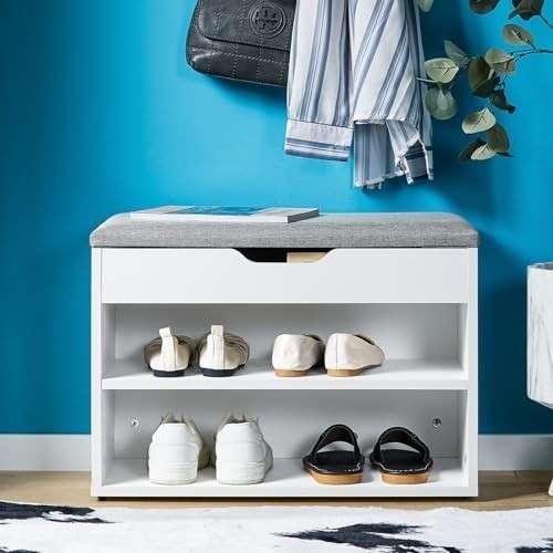 Grey Shoe Storage Bench with Padded Seat & 2 Tiers – Hallway Storage