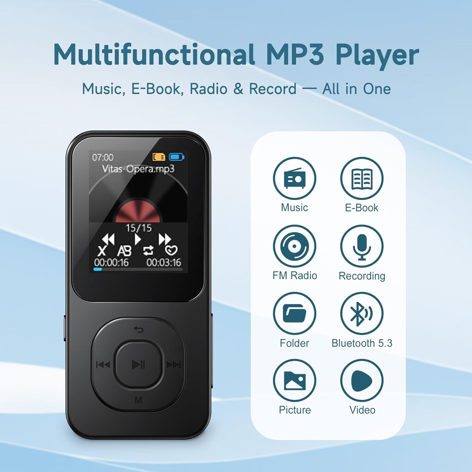 Retro MP3 Player Bluetooth 5.3 64GB 30H Battery Black