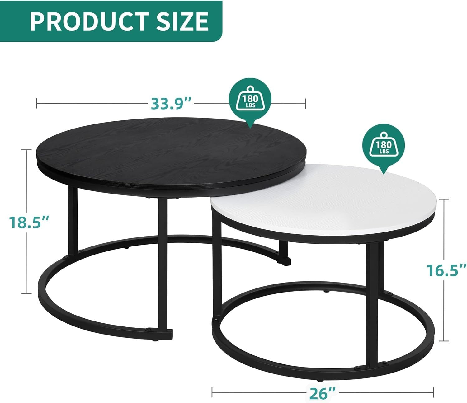 Modern Nesting Coffee Table Set of 2 Round Wood Accent Tables with Metal Frame
