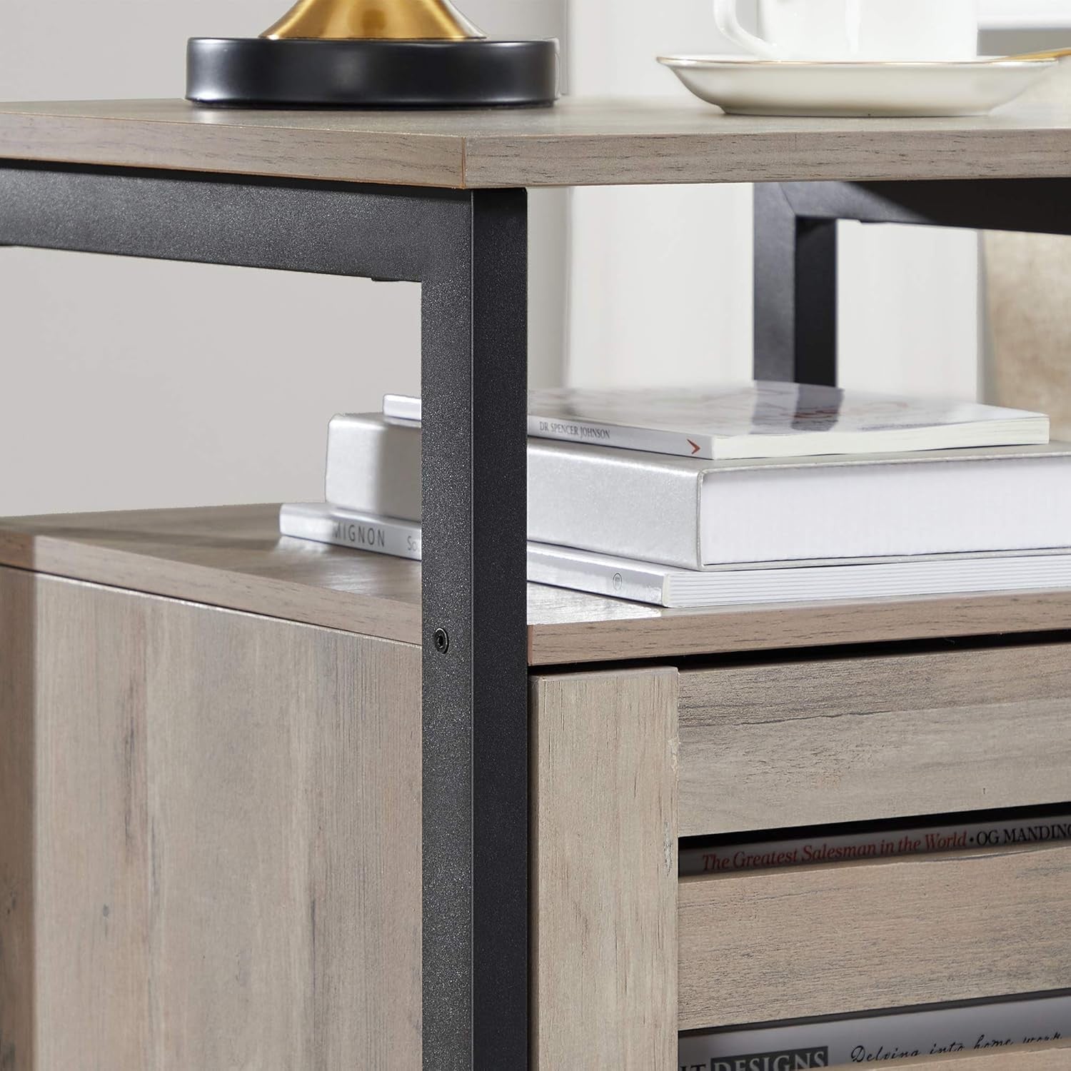 Greige Industrial Bedside Table with Adjustable Shelf & Slatted Drawer