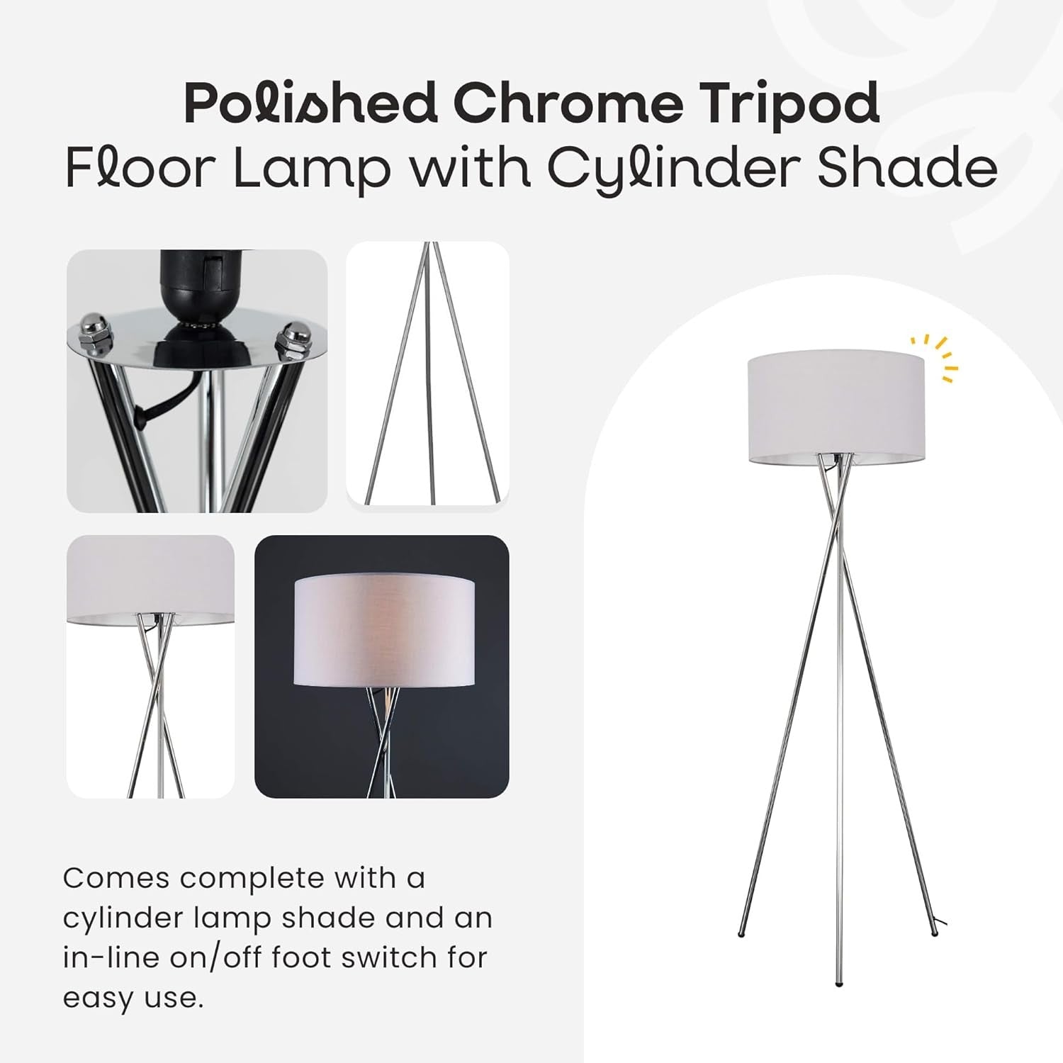 Modern Chrome Tripod Floor Lamp Pale Grey Shade Tall Living Room Light