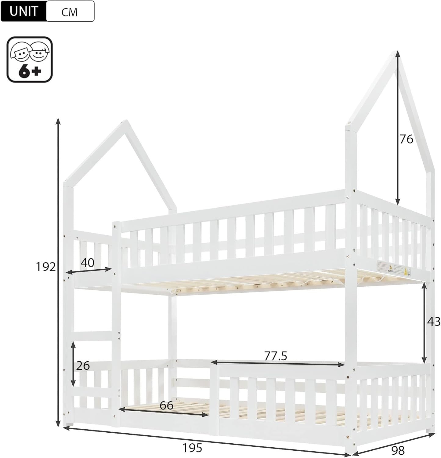 Castle Bunk Bed Kids 3FT Wooden Frame with Ladder Guardrails White