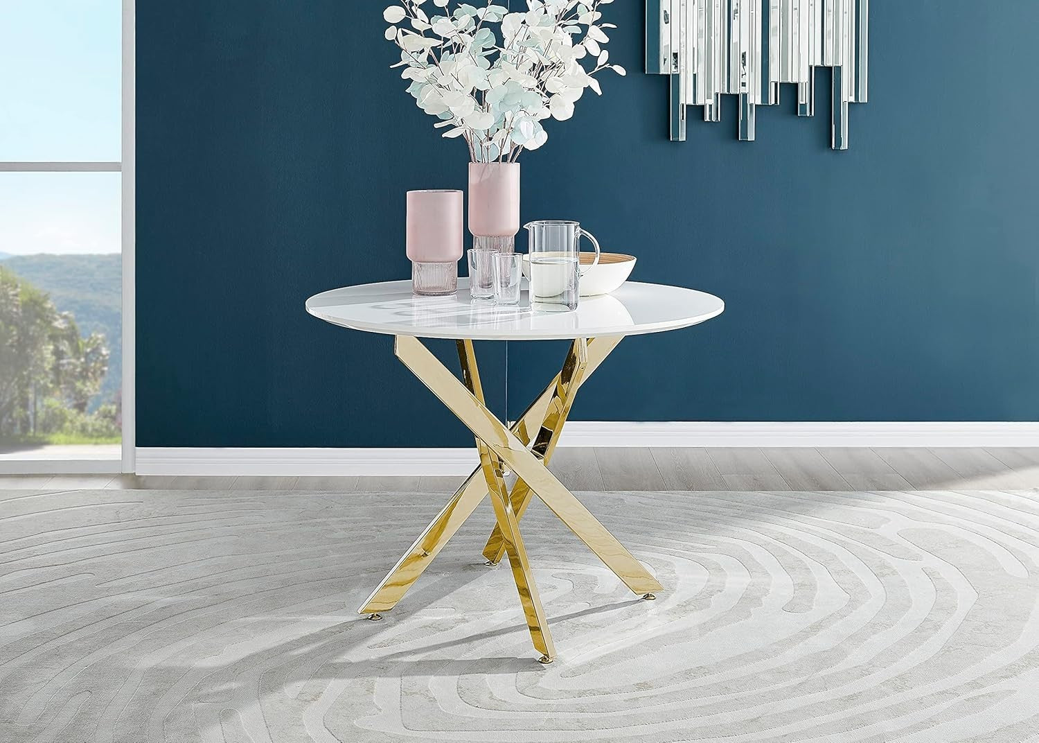 Marble Dining Table 100cm Round Gloss White Top with Black Metal Legs