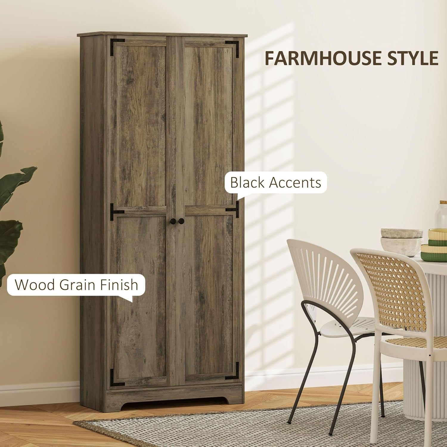 Farmhouse Tall Kitchen Cupboard Grey Wood Storage Cabinet Adjustable