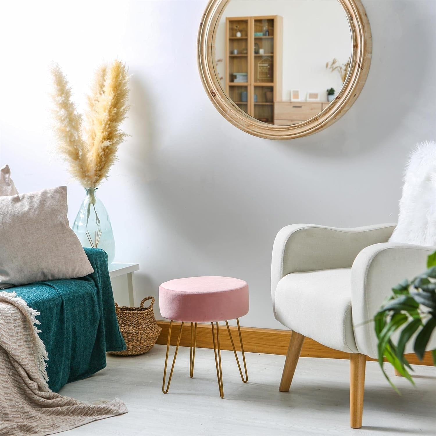 Set of 2 Pink Velvet Footstools Gold Legs Modern Round Pouffe Seats