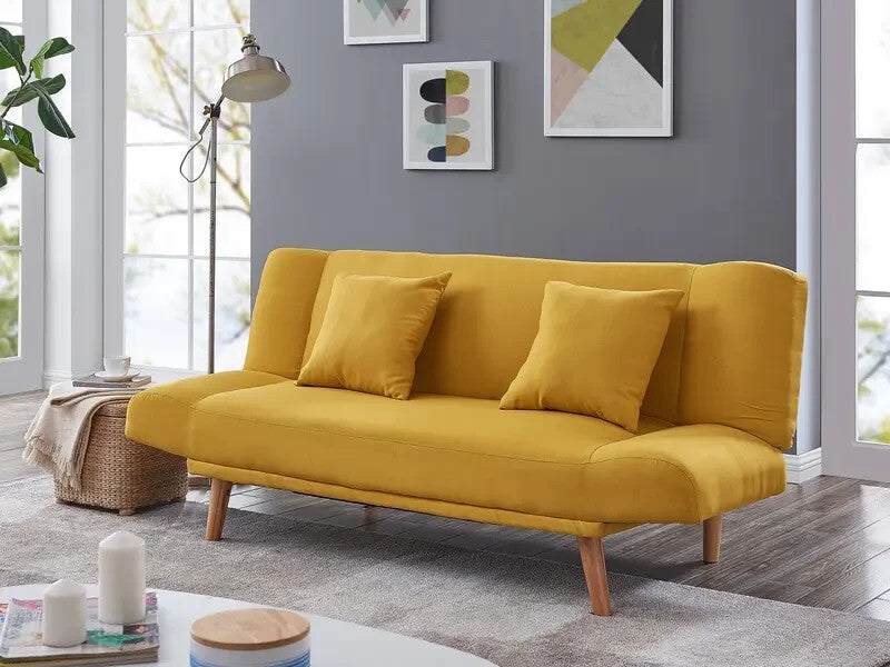 Mustard Yellow 3 Seater Click Clack Sofa Bed Cushions Modern Wood Legs