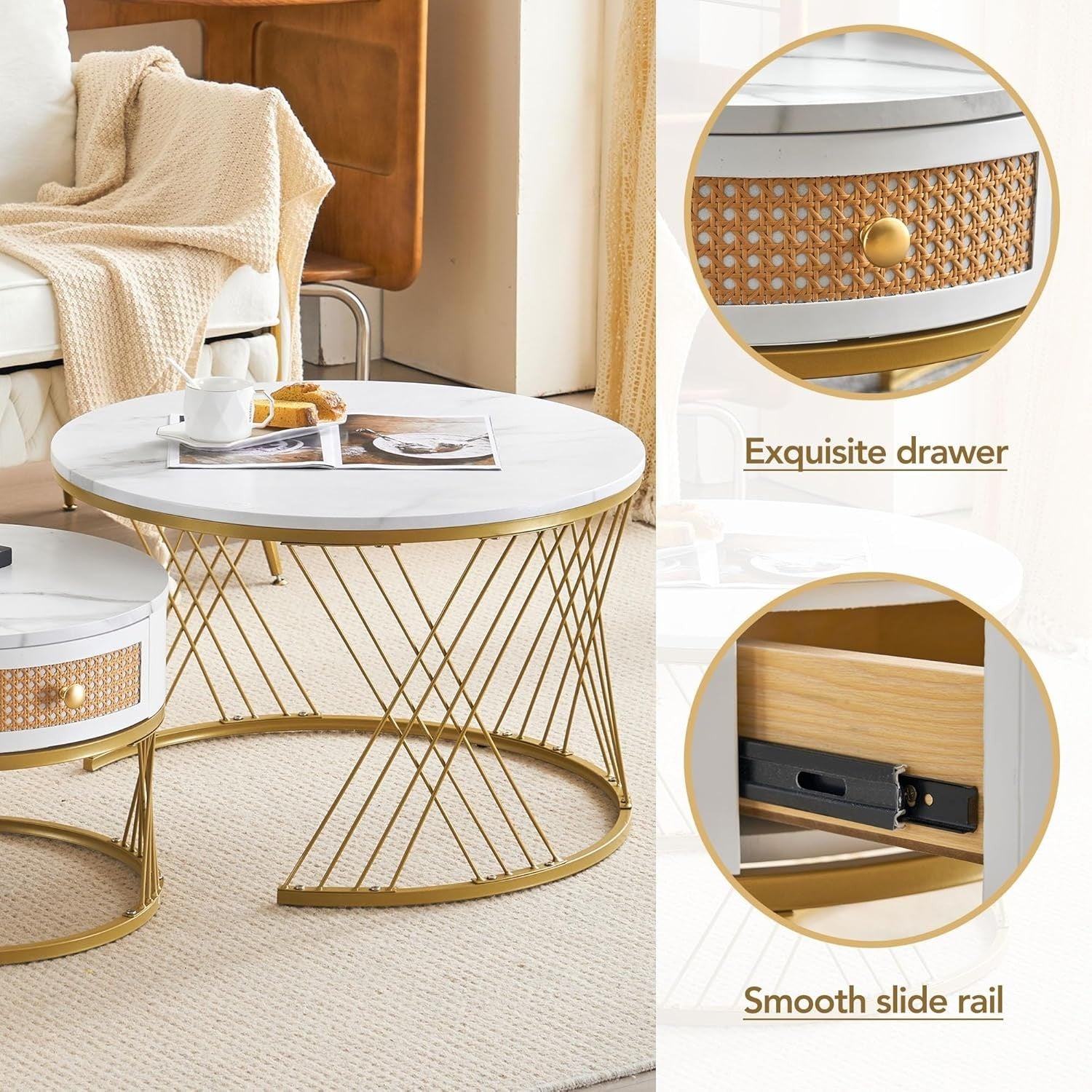 ModernLuxe 2-in-1 Round Coffee Table Set with Rattan Drawer & Gold Metal Frame