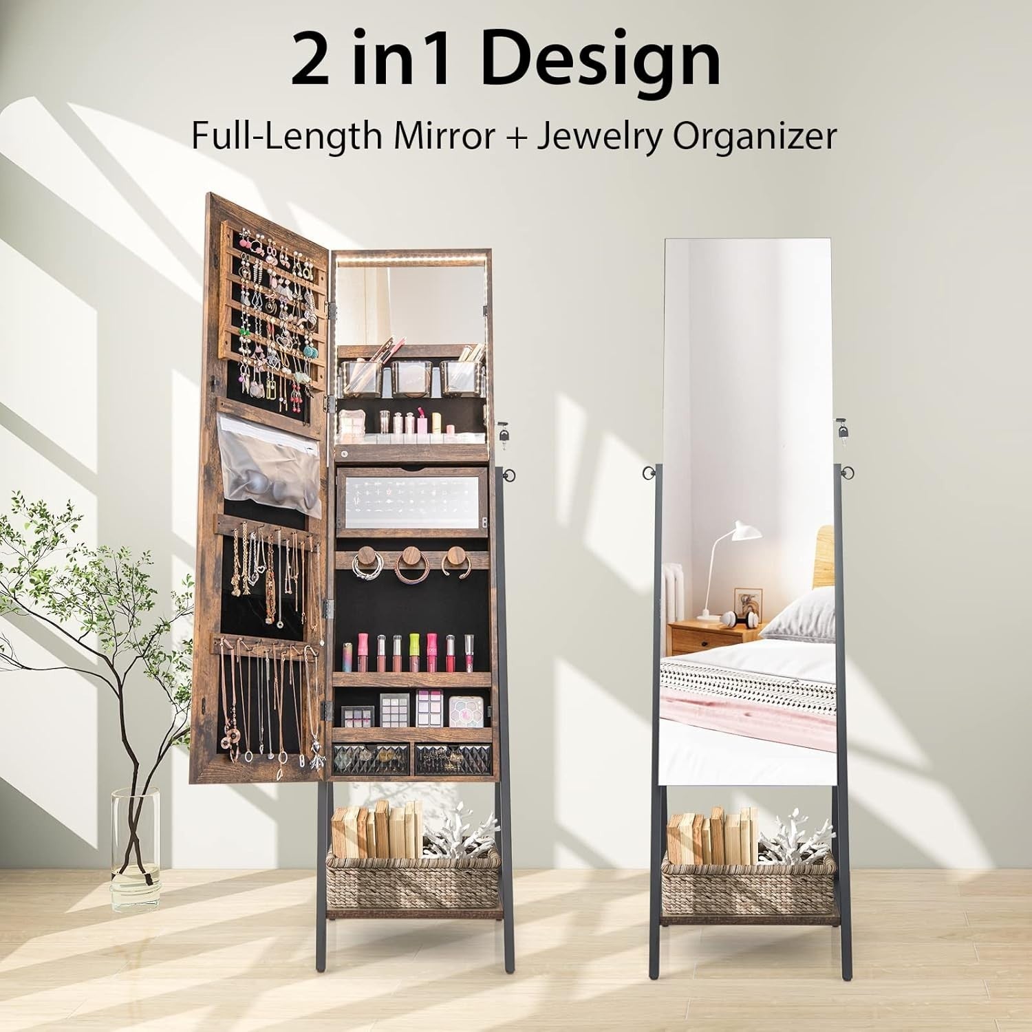 Rustic Brown LED Jewelry Cabinet Mirror Lockable Full Length Storage