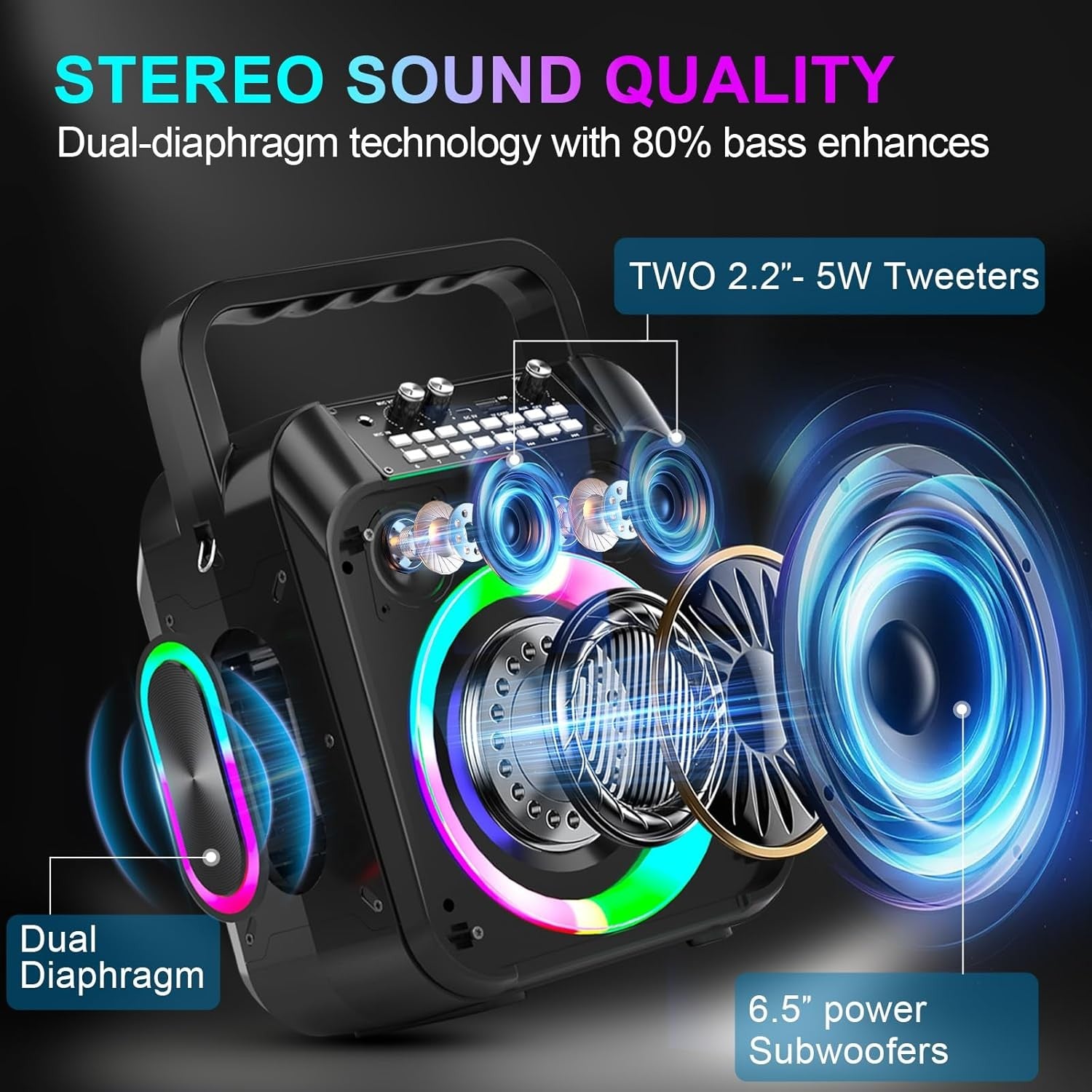 Black 30W Karaoke Machine 2 Wireless Mics RGB Party Speaker