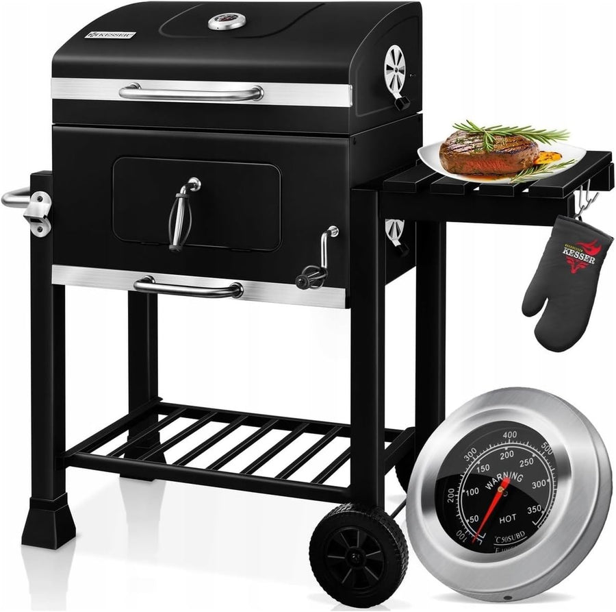 XL Charcoal BBQ Smoker Grill with Thermometer, Folding Side Table & Wheels