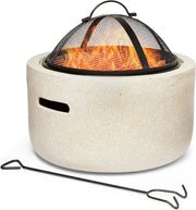2-in-1 Fire Pit BBQ Grill with Mesh Cover & Poker – Stone Effect Outdoor Heater