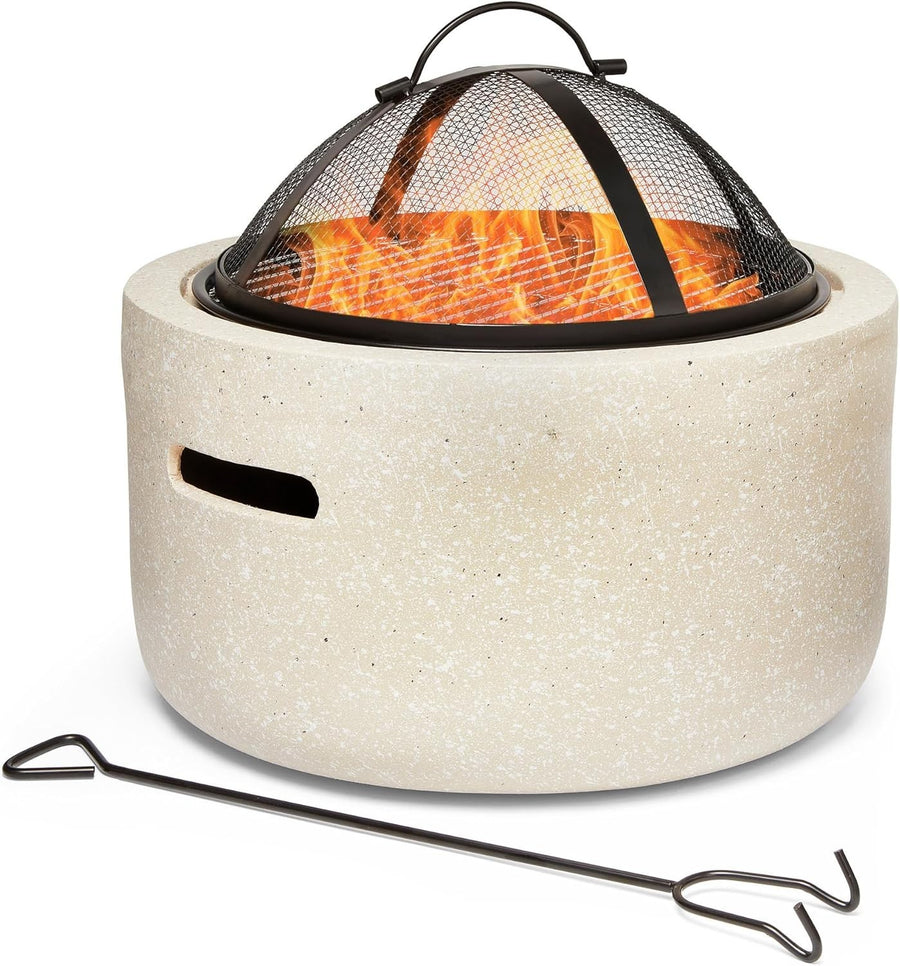 2-in-1 Fire Pit BBQ Grill with Mesh Cover & Poker – Stone Effect Outdoor Heater
