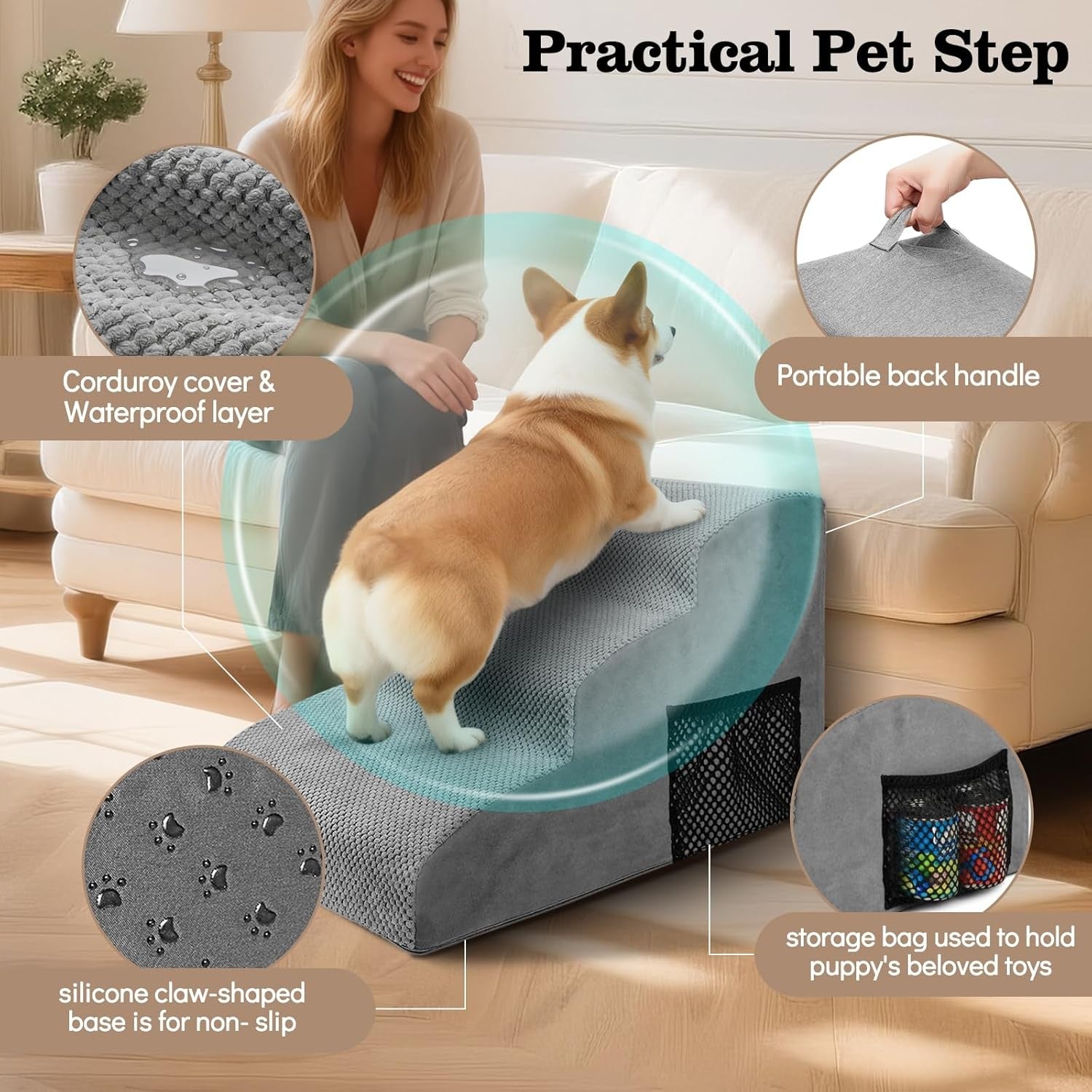 3 Step Dog Stairs Ramp for Sofa Bed Non Slip Washable Grey 60x40x40cm