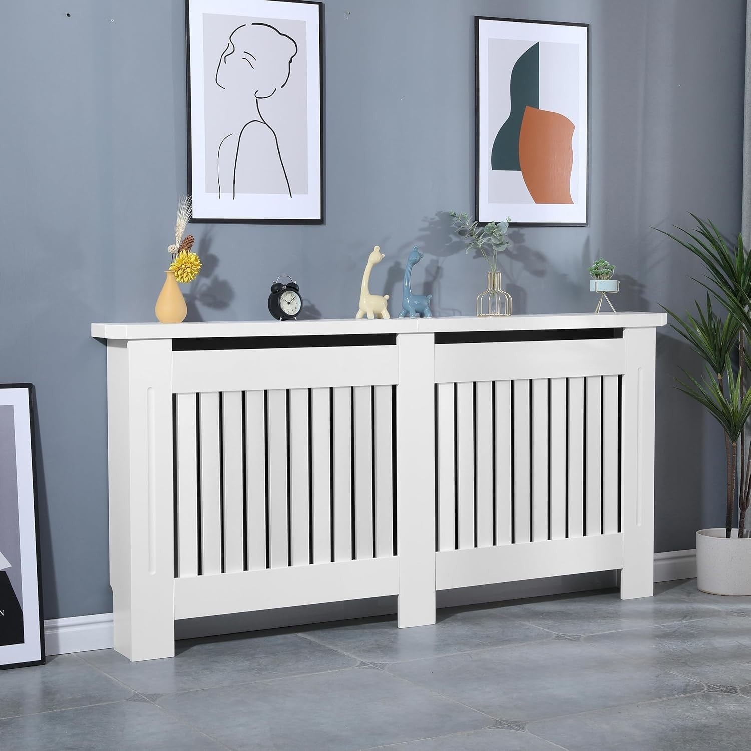 Extra Large White Radiator Cover | Modern MDF Slatted Heater Cabinet with Shelf