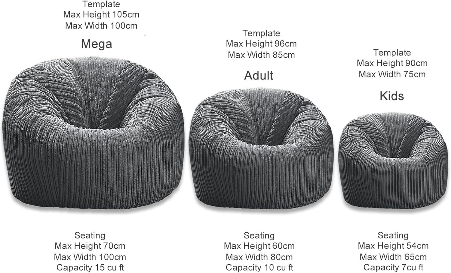 XXL Grey Cord Bean Bag Chair Adult Lounge Sofa Seat Floor Cushion Filled
