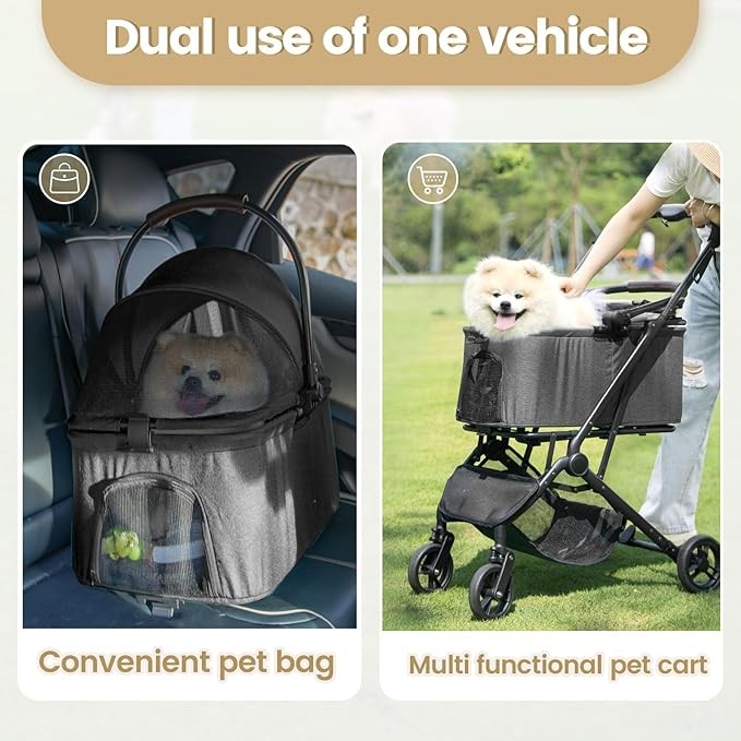2 in 1 Dog Stroller Removable Basket Foldable Pet Pram 4 Wheel Travel Cart