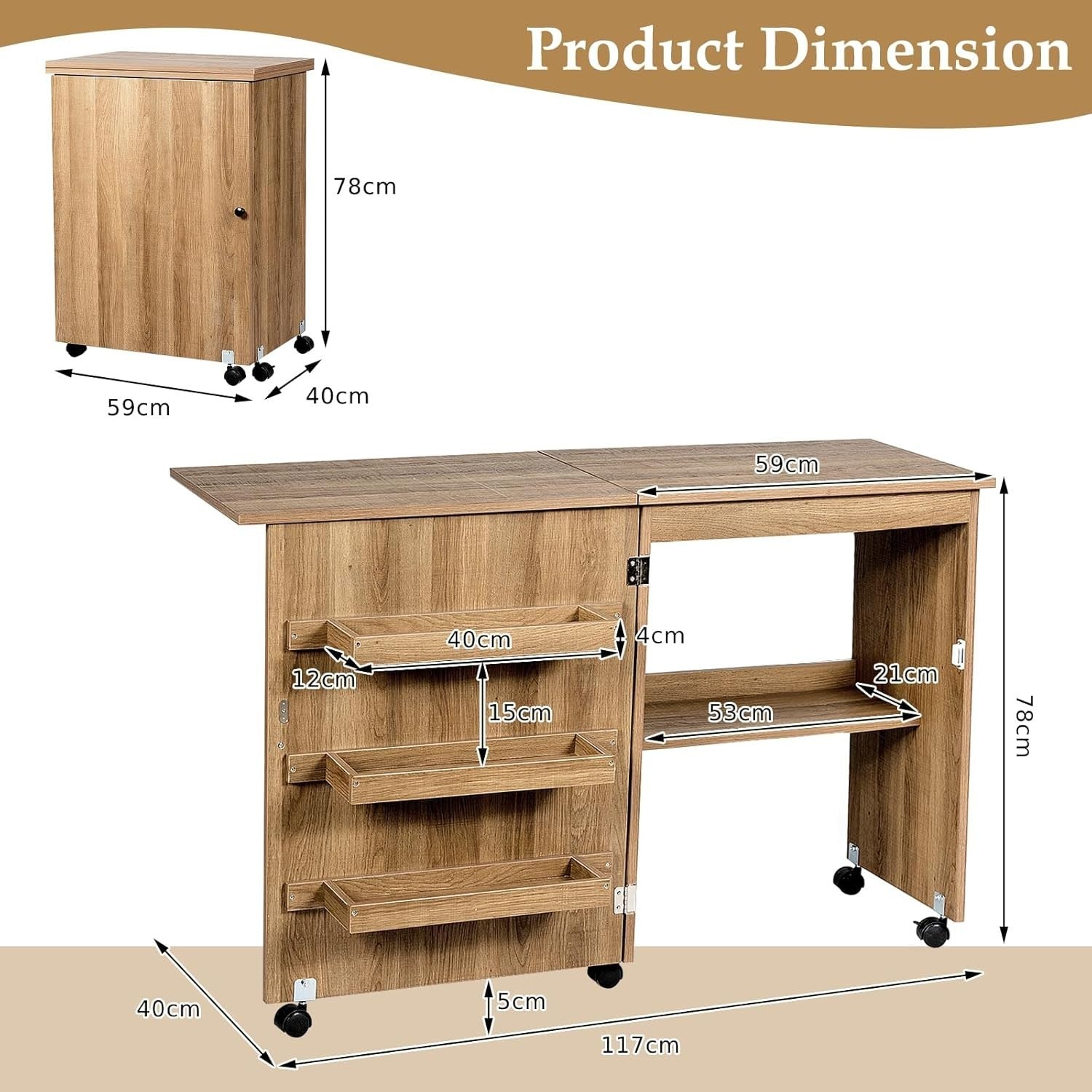 Folding Sewing Table 117cm Mobile Craft Desk with Shelves & Wheels Natural
