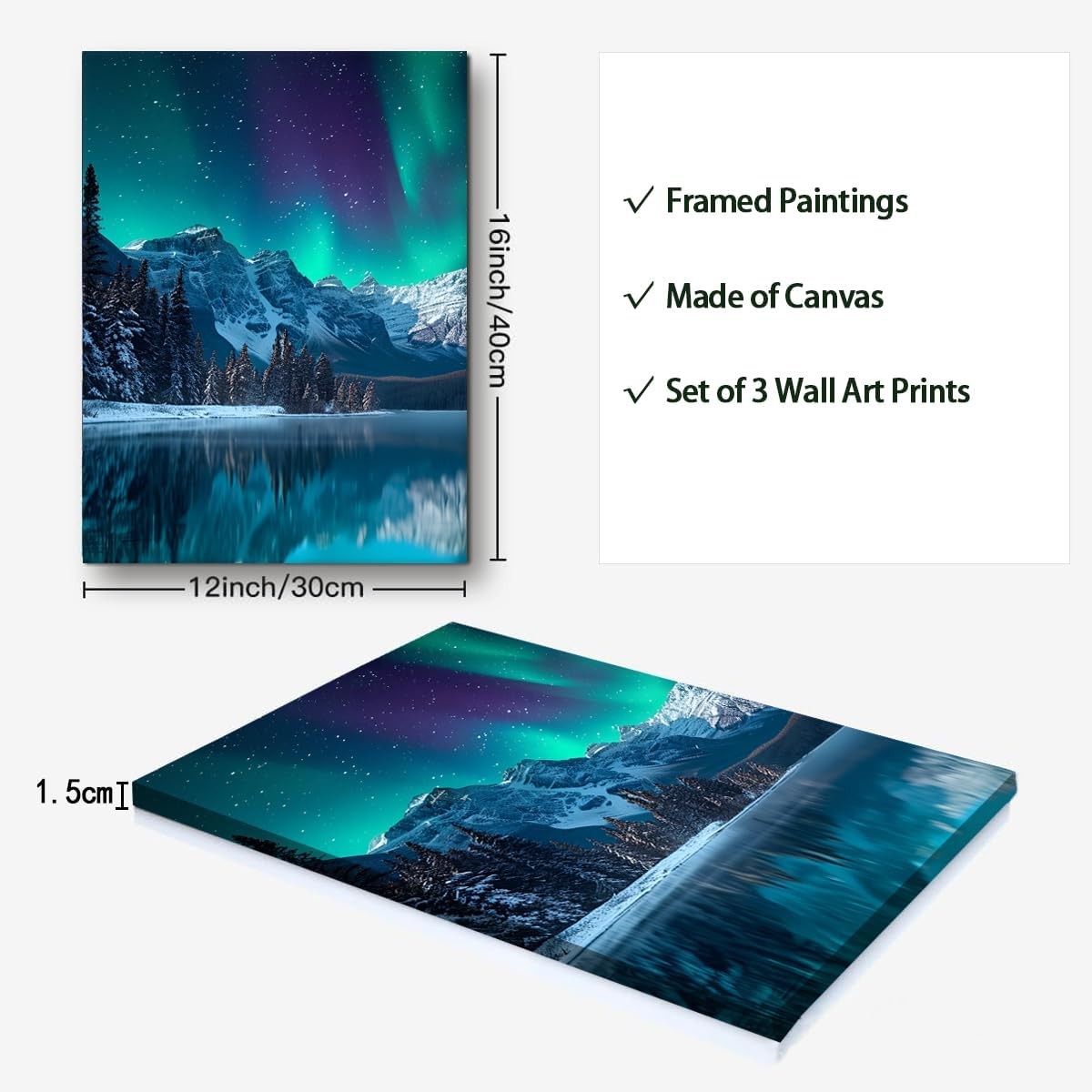 3-Piece Aurora Canvas Wall Art 30x40 cm Modern Framed Scenery Prints