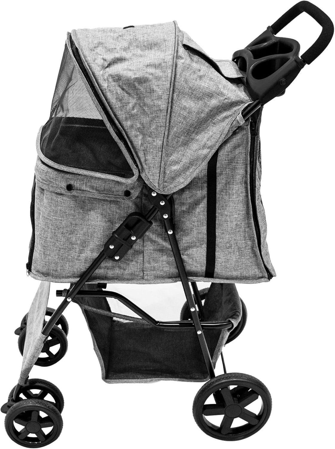 Woven Grey Pet Stroller Pushchair with Detachable Caddy Bag 15kg Foldable
