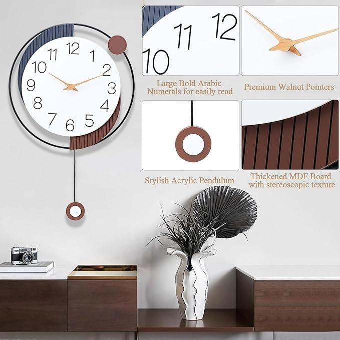 Modern 20×13in Silent Pendulum Wall Clock Brown Metal Art Decor for Home