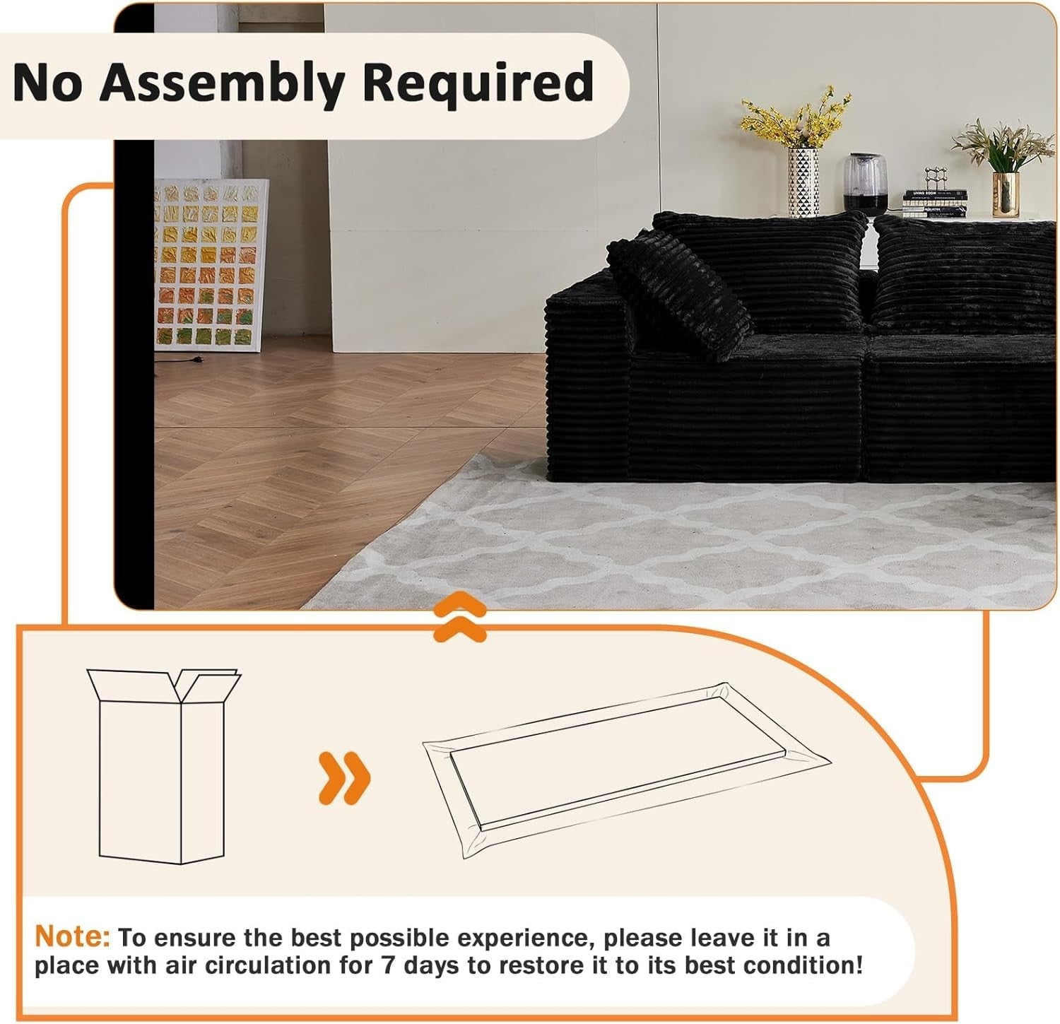 Modular 3/4 Seater Sofa Black Corner Couch No Assembly, Memory Foam, 274cm
