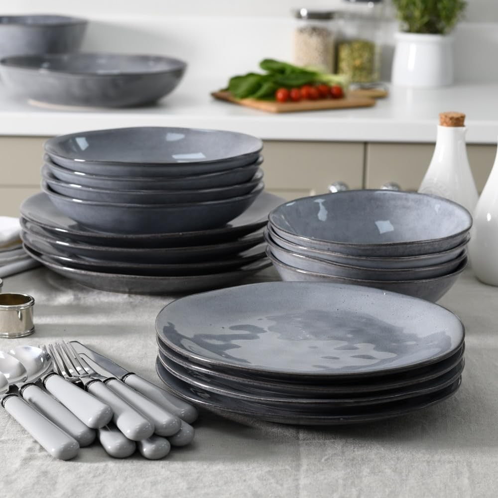 16pc Stoneware Dinner Set Charcoal Grey Plates Bowls Scandinavian Style