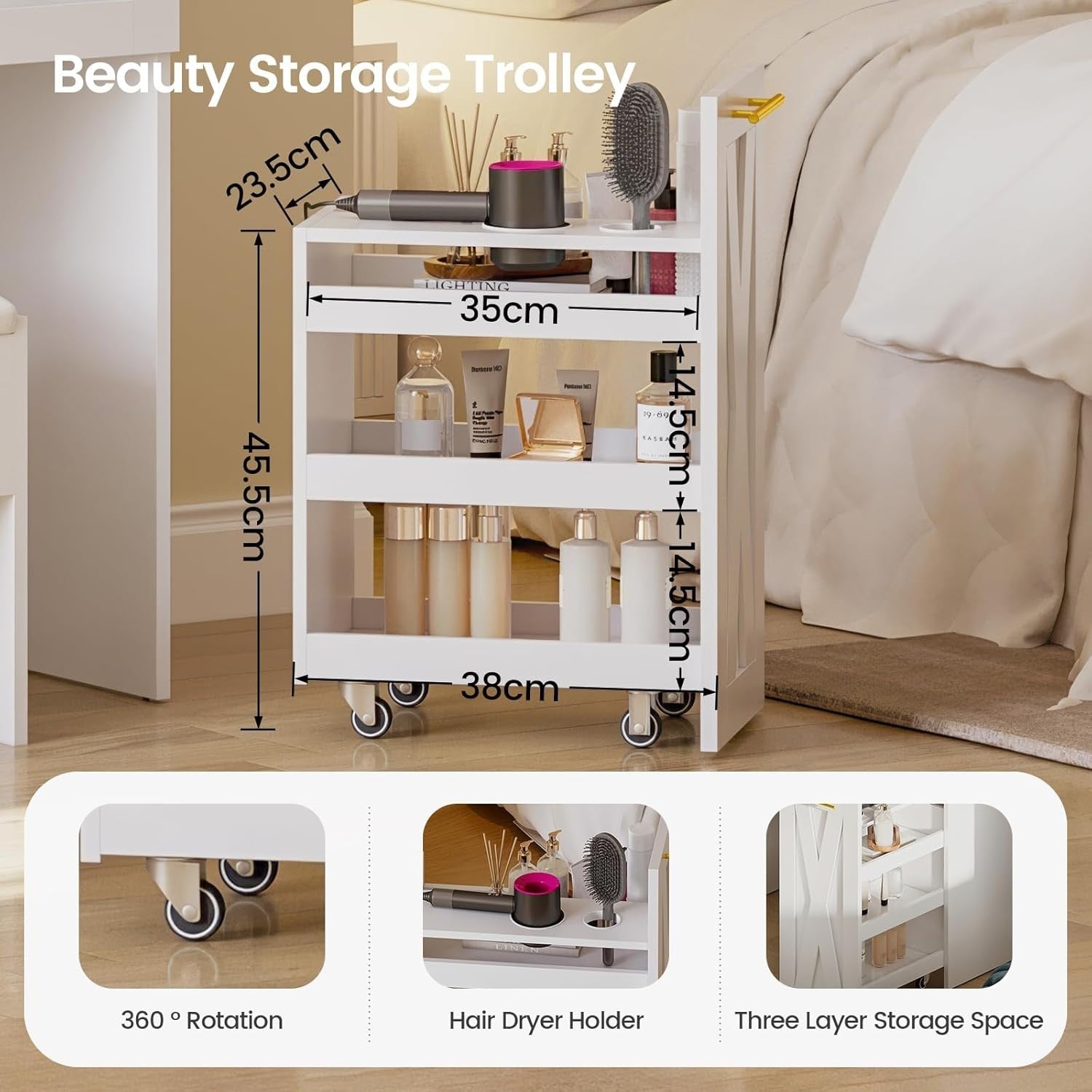 Vanity Table Desk Set w/ LED Mirror USB Ports Stool Drawers Mobile Cart White
