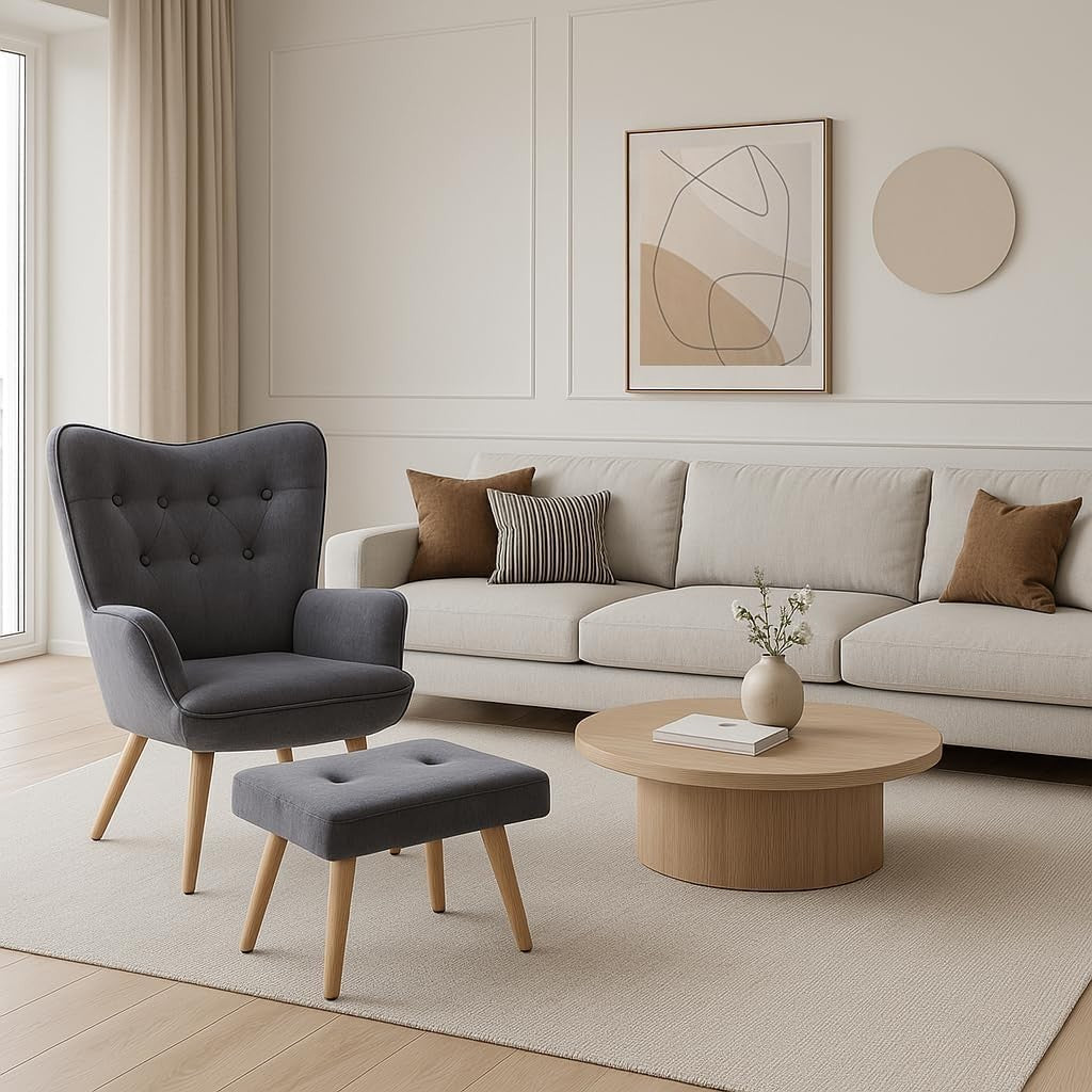 Dark Grey Velvet Armchair with Footstool, Comfy Reading Lounge Chair Set