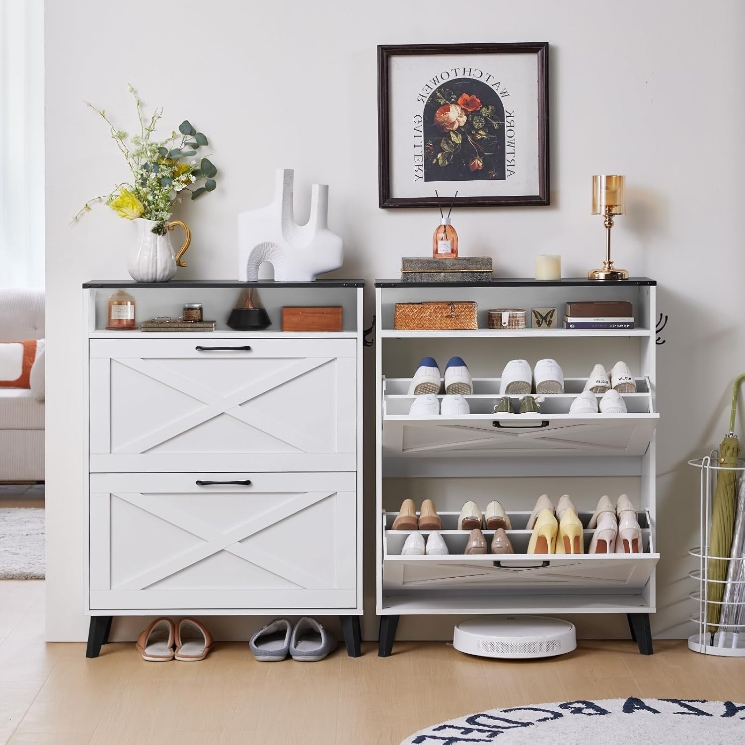 Slim White Two-Flip Door Shoe Cabinet – Space-Saving, Anti-Tip Design