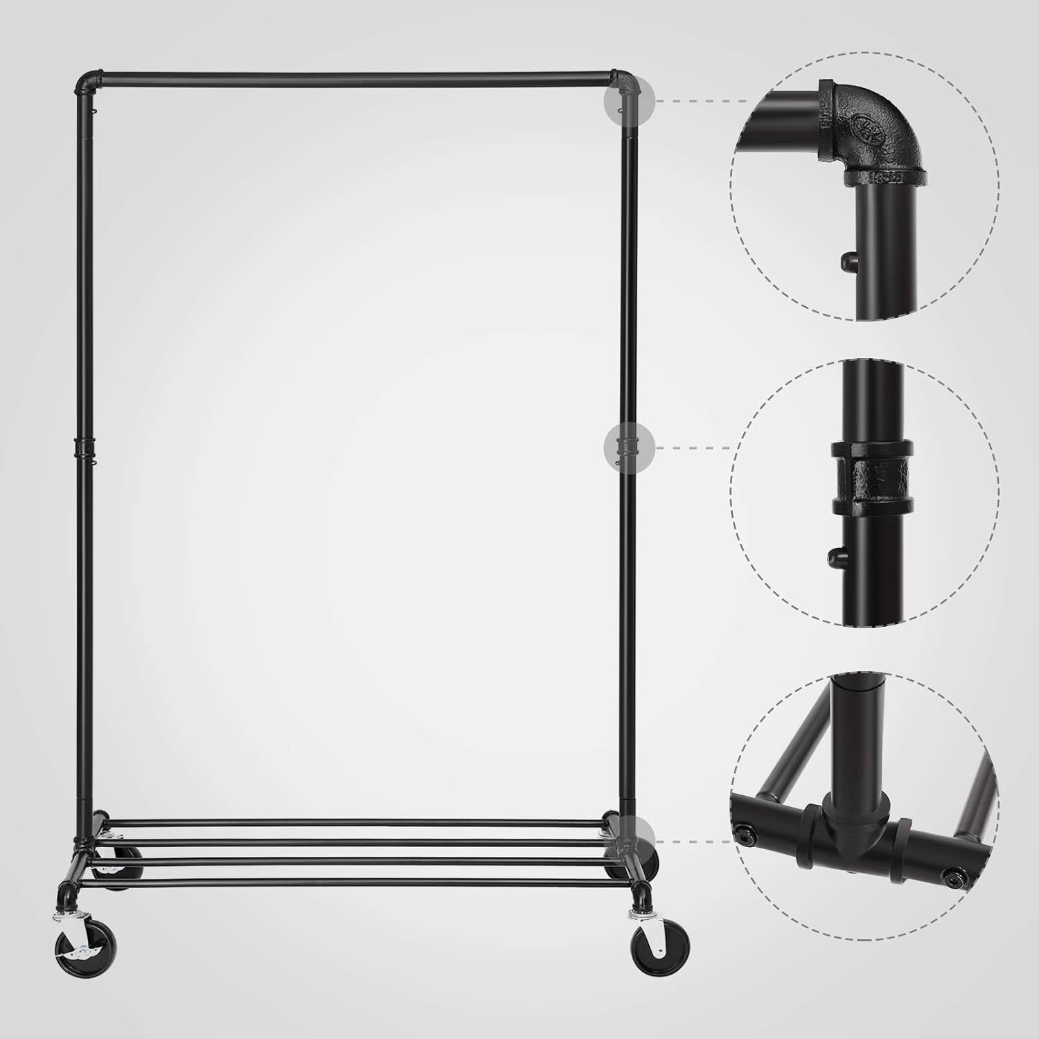 Heavy Duty Clothes Rail with Wheels & Shelf – Black, 90KG