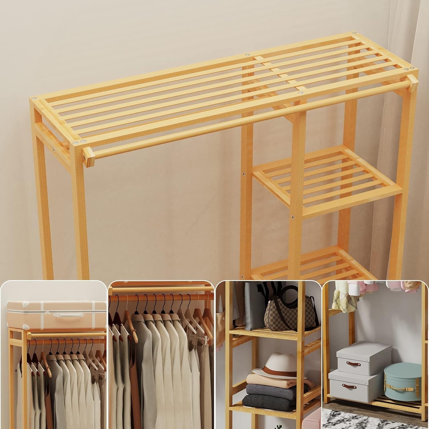 Bamboo Clothes Rack Organizer with Shelves, Garment Rail Wardrobe